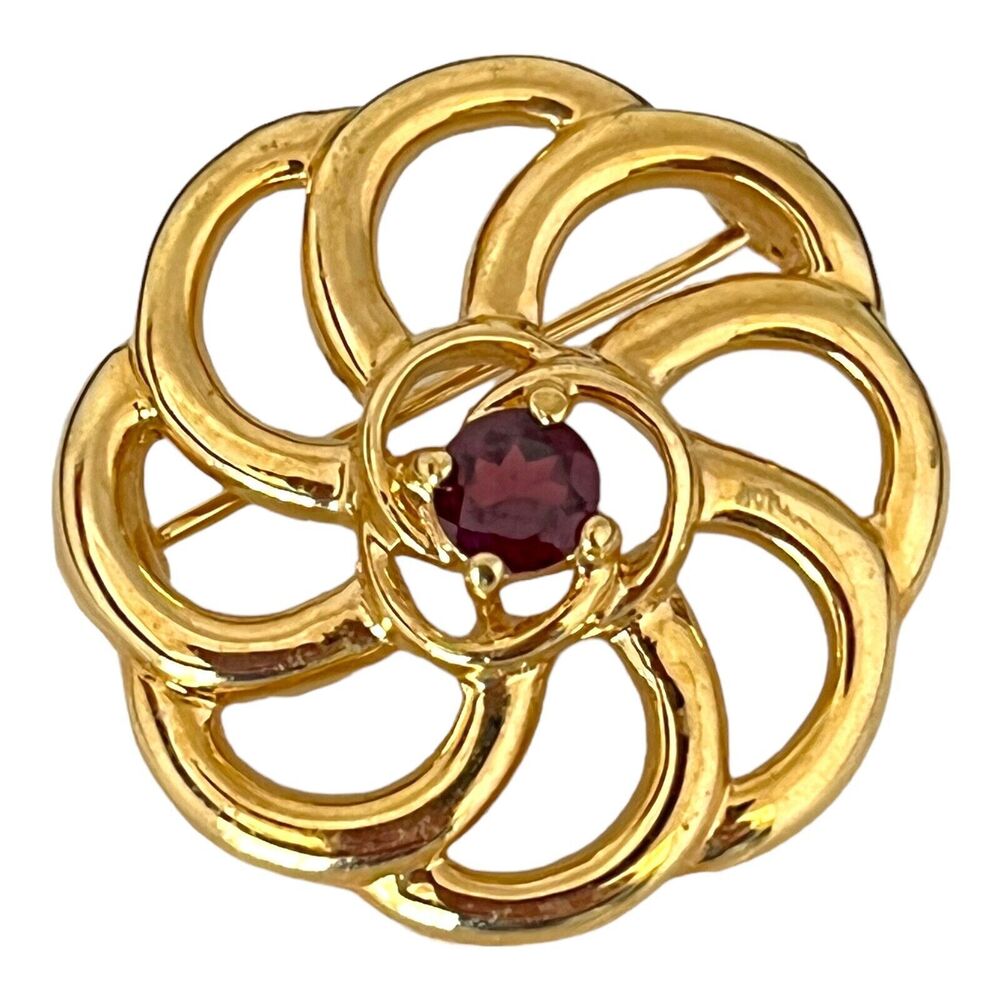 Vintage 1960s Red Rhinestone Flower Brooch Gold Tone - 3A
